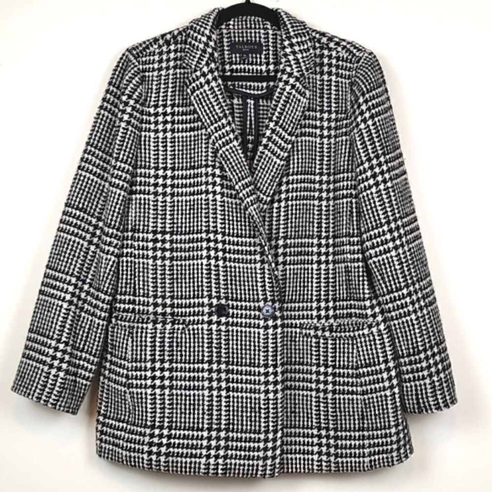 Talbot's Houndstooth Plaid Double Breasted Wool Blend Coat